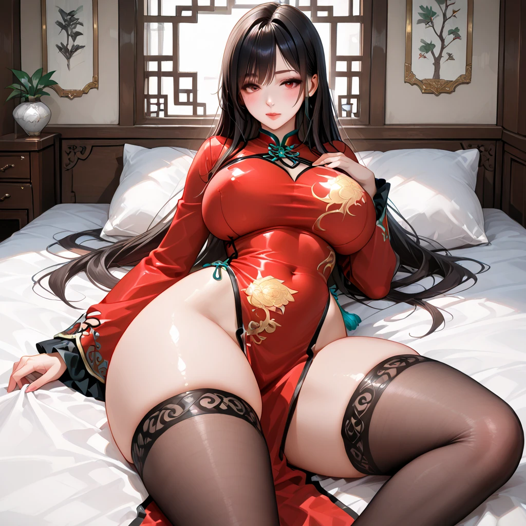ancient China Princess with long black hair Crying and blushing Forced to have sex with the old emperor Wearing a super shiny red long sleeve raincoat and Chinese clothes, he is forced to have his penis thrust into his crotch on the futon. Virginity loss crisis
