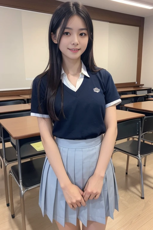 Beautiful woman、18-year-old 、full body shot、80 mm、small breasts、small breasts、small breasts、A sloppy smile school uniform、spread legs