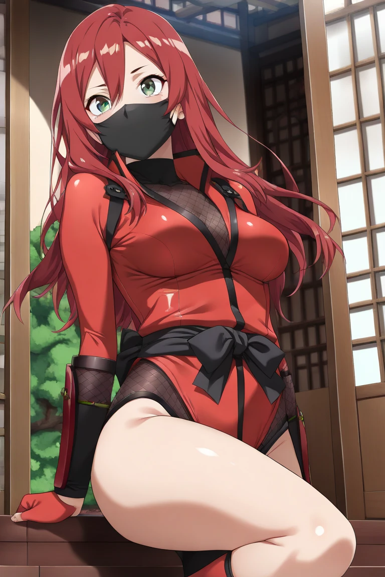 score_9, score_8_up, score_7_up, score_6_up, makise kurisu, red hair, long hair, dark-blue eyes, black pupils, BREAK (masterpiece:1.2), best quality, high resolution, (beautiful detailed eyes:1.3), perfect lighting, (perfect hands, perfect anatomy), 1girl, weapon, sword, breasts, bodysuit, red bodysuit, solo, mask, holding weapon, holding, holding sword, large breasts, skin tight, squatting, mouth mask, katana, latex bodysuit, bamboo forest, blurry background, covered navel, looking at viewer, ninja, bamboo, outdoors, impossible bodysuit, blurry, bare shoulders, shiny clothes, impossible clothes, spread legs, nature