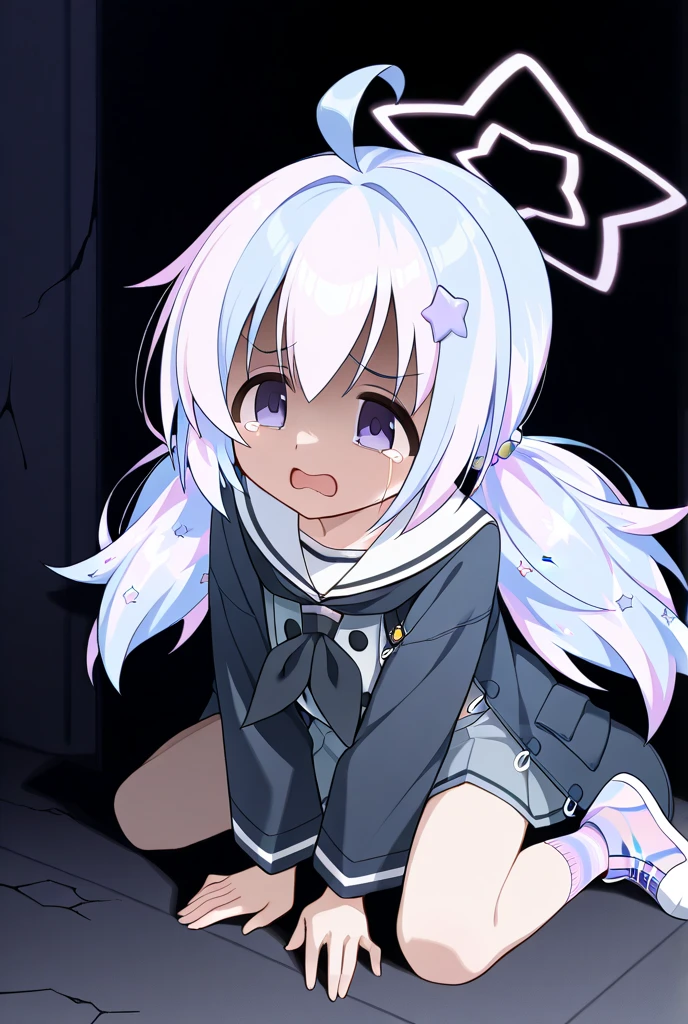 Highest Quality, high definition, Solo, one woman, character((Blue_Archive, (reisa-bagless:1.2))), Angel_halo, (Broken_halo), Blue_Archive, (Terror), (full_body), despair_face, Highlight_off, Ruined_City, Straight_face, Shadowy_face, dark_color_halo, wounded_body, (Cracked_halo), Background_Screen_Noise,(Collapsed_halo), Noise, reisa \(blue archive\),purple eyes, multicolored hair,low twintails, halo,star \(symbol\),black jacket,sailor collar,grey skirt, socks,sneakers, redarmy, tears,