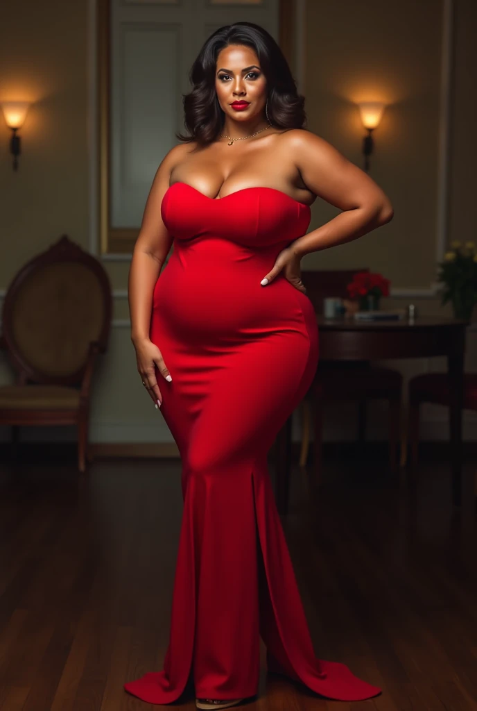 woman, shoulder-length straight black hair, medium bust, chubby,wide hips, red dress, black heels, among red roses, looking at the camera, photorealistic