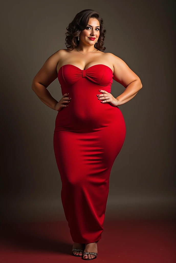 Big breasted woman in red dress, collants et talons