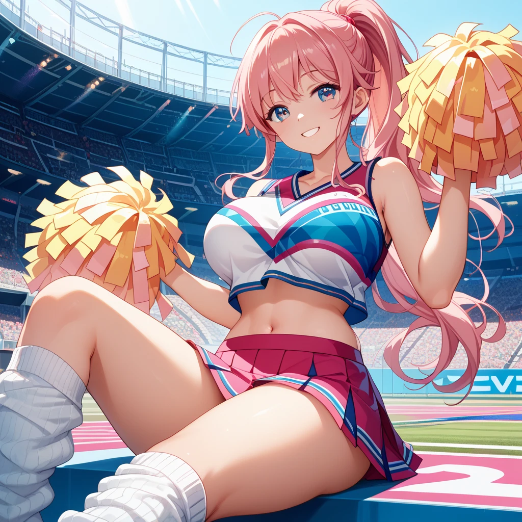 (8k, Tabletop, highest quality, Official Art, Very beautiful and detailed, Beautiful lighting, Breathtaking beauty and aesthetics, The greatest masterpiece ever made), (1 girl, alone), (16 years old), (Beautifully detailed face), (shiny White Skin), (Beautiful breasts, Cleavage:1.3), (Thighs, feet, navel:1.3), (Beautifully detailed pink twin tails hair, bangs:1.3), (Beautiful delicate droopy pink eyes:1.5), (Cute Cheerleader Costumes, Short length shirt, Pastel pink and blue short skirt, :1.3), (Cute Cheerleader Pompoms), (happy Smile:1.5), (Charm, Looking at the camera, Cute pose, standing), Nice views, (Beautiful stadiums with ultra-detailed and realistic, blue sky:1.2),