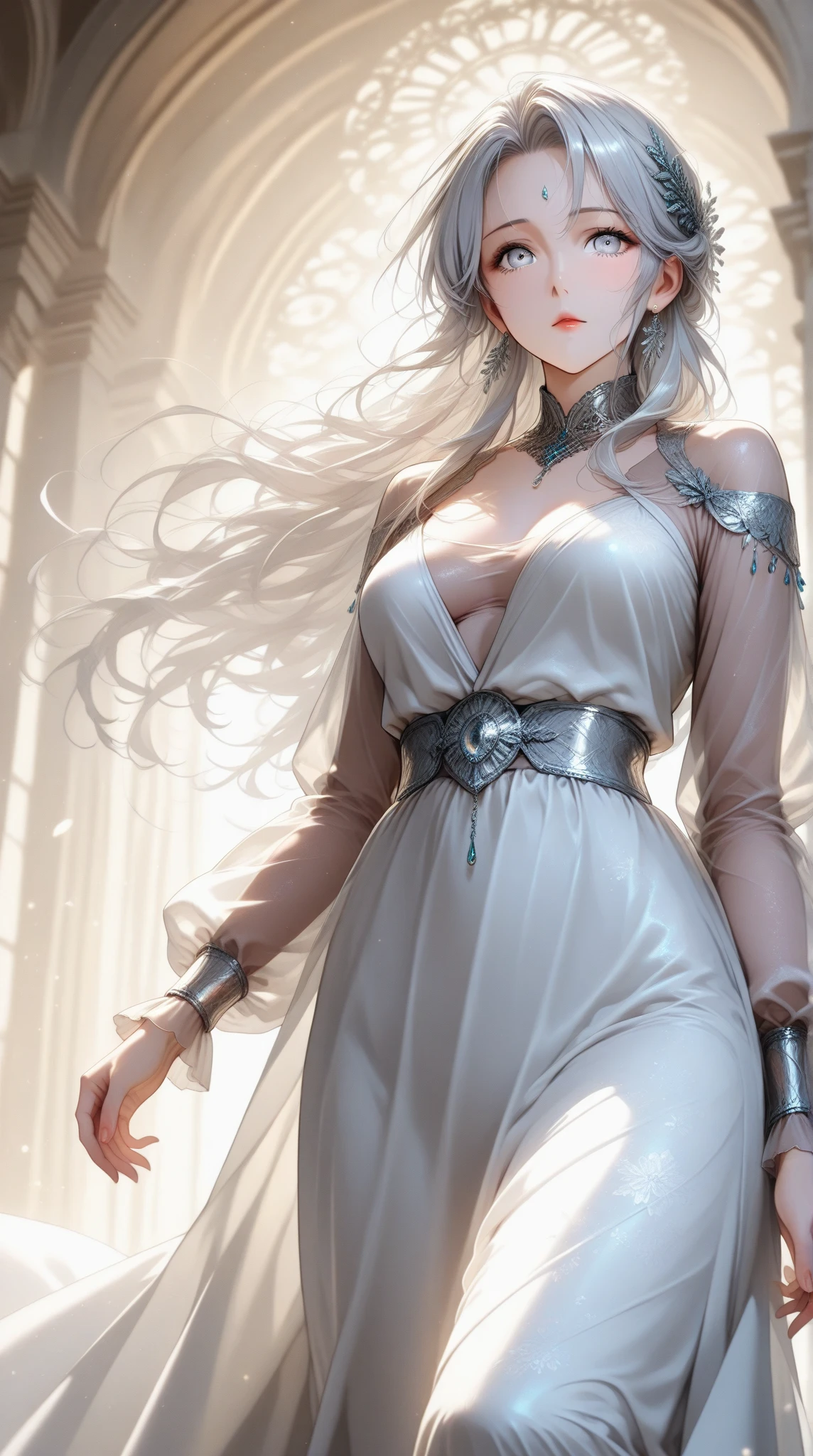 unreal engine:1.4,UHD,The best quality:1.4, photorealistic:1.4, skin texture:1.4, Masterpiece:1.8,White Dragon Queen, young and mature woman, Long elf ears, elegant dress, big chest, curve, Dragon Ling Vawy Hair, super long hair, Smooth Face Features, White dragon horns on his head, majestic woman, silver decoration om your dress, Silver Star Queen,big blue eyes, Cherry Lips, white dragons, starry sky