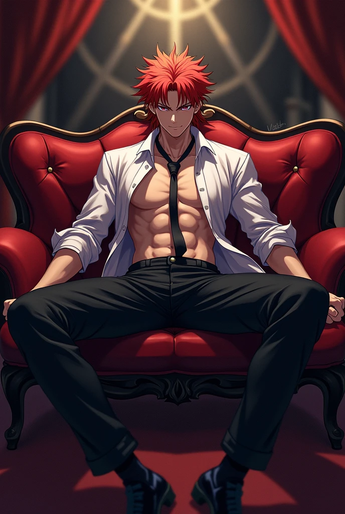 4k, very detailed, hd, Ryomen Sukuna, pink hair, red eyes, black cape, bare chest, window, sitting in a throne, black prince cool clothes, handsome, 1 man only, red curtains, red moon, Jujutsu Kaisen, smirking