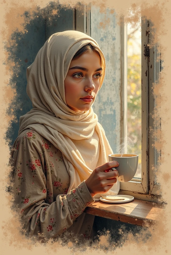 (realistic, high resolution:1.3), 1 girl with perfect hijab figure, 19 years old, super fine face and eyes, long hijab, gamis in random colors, in a café, coffee on the table,