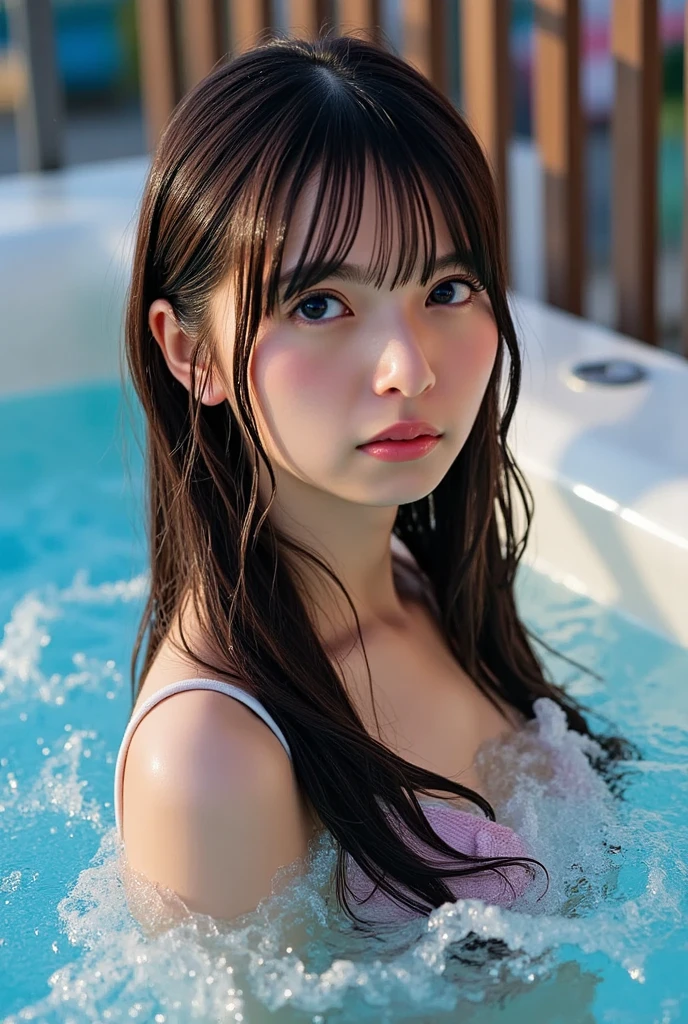 ((of the highest quality, 8K, masutepiece: 1.3, Raw photo)), Sharp Focus: 1.2, (1 AESPA Girl :1.1), Solo, (Realistic, Photorealistic: 1.37), (Face Focus: 1.1), Cute face, hyperdetailed face, short messy hair, (Small breasts, flat chest: 1.3), (open air bath, in a hot springs, Finland: 1.2), (blush: 1.2), (naked: 1.3), (girl is soaking in hot water: 1.3), (night:1.5), (water vapor:1.2), ((Towel is hiding from chest to locality, naked towel: 1.1)), moon light, thigh, lie down on her back
