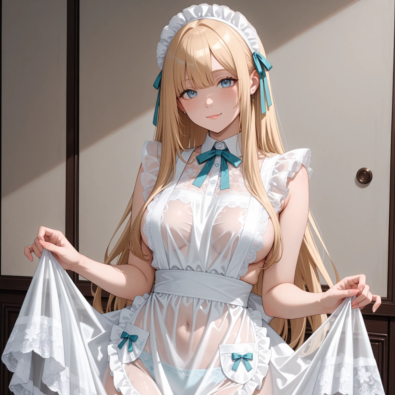 muste piece、masterpiece、highest quality、Super detailed、High resolution、8K portrait、High definition CG of Unity 8k wallpaper、cute type little:1.5、Lori:1.5、Highly detailed CG unity 8k wallpaper、Realistic、real person、 portrait photography、shiny skin、High definition、(:1.2)、(1 girl)、beautiful clear eyes、extremely detailed description、delicate face、nice lips、slender body、big breasts 同 thin waist、thin legs、(Hallway of the mansion:1.6)、1 girl, cute type, perfect face, seriously, (blush:1.5),(Golden hair ponytail:1.3),big breasts 同,((Maid clothes:1.2)),((clothes lift:1.5)), (I have nipples:1.2),((climax in vagina:1.5)),(from front:1.2),gran,(spread legs:1.2),(pussy:1.2),(hand behind head:1.2)
