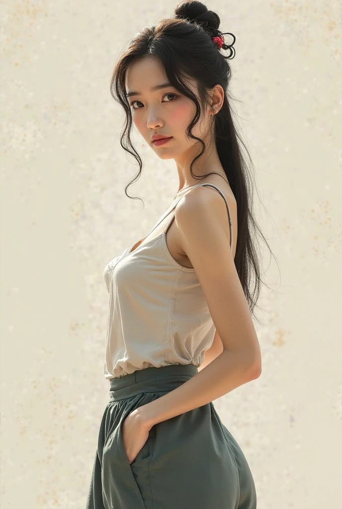 group photo of a girl and a huge pig,stood in the middle of a pig farm,short ponytail,bare shoulders,flat chests,torn apron,arms behind back,slender legs,realistic scenery,photography carnival,wildlife photography,aurora punk,animal and human styles,upper body,indoor
