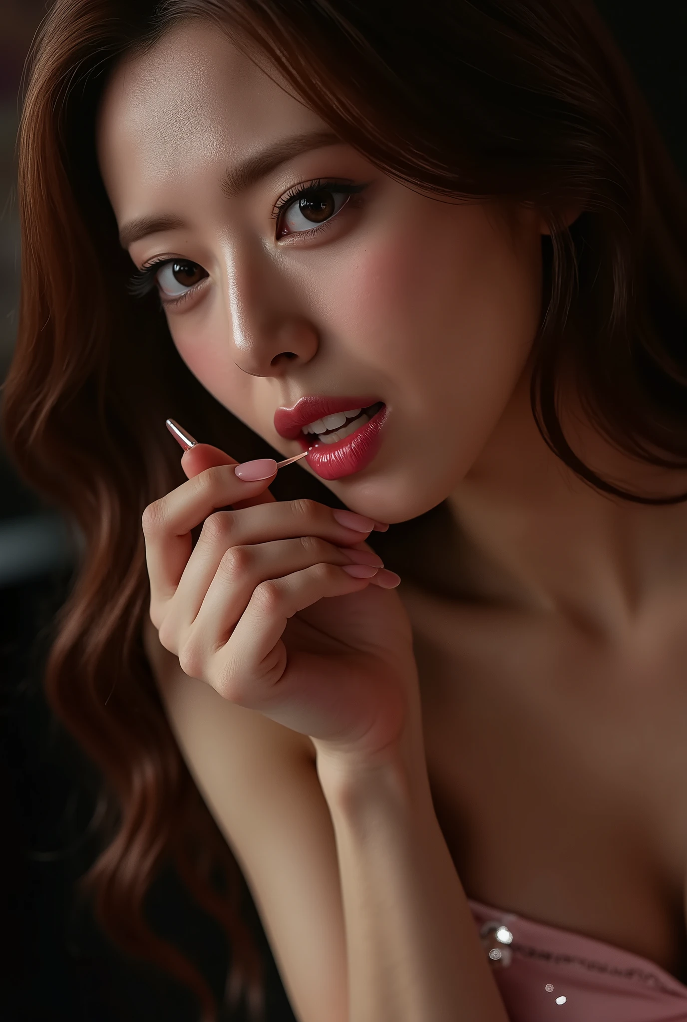 biting finger, sexy expression, Volumetric Lighting, Stunning babe with perfect slender body, dressed in sheer fabric intimate dress, parted lips, shiny pink glossy lipstick. light depth, dramatic atmospheric lighting,sexy expression,with perfect slender body,