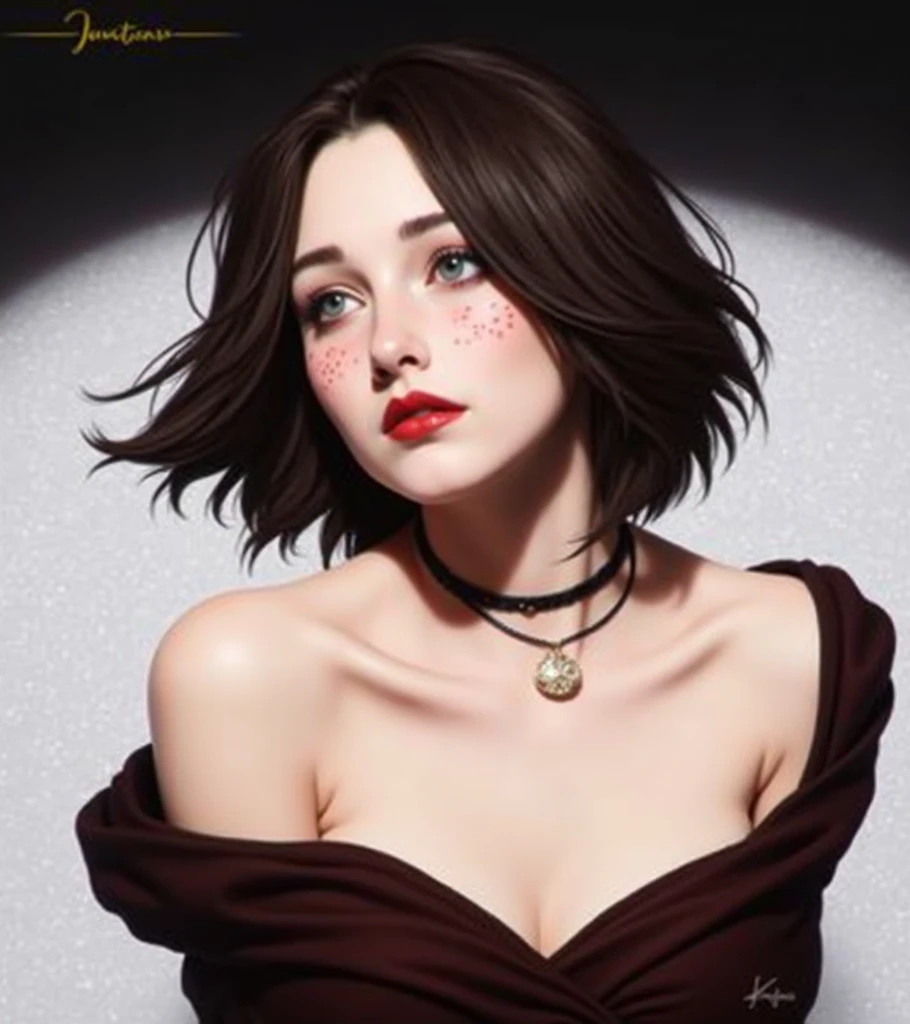 best quality, masterpiece, highres, illustrated (by wlop:0.8), amazing artwork, aesthetic wallpaper, 1girl, solo, jewelry, black hair, earrings, choker, mole, upper body, necklace, butterfly on hand