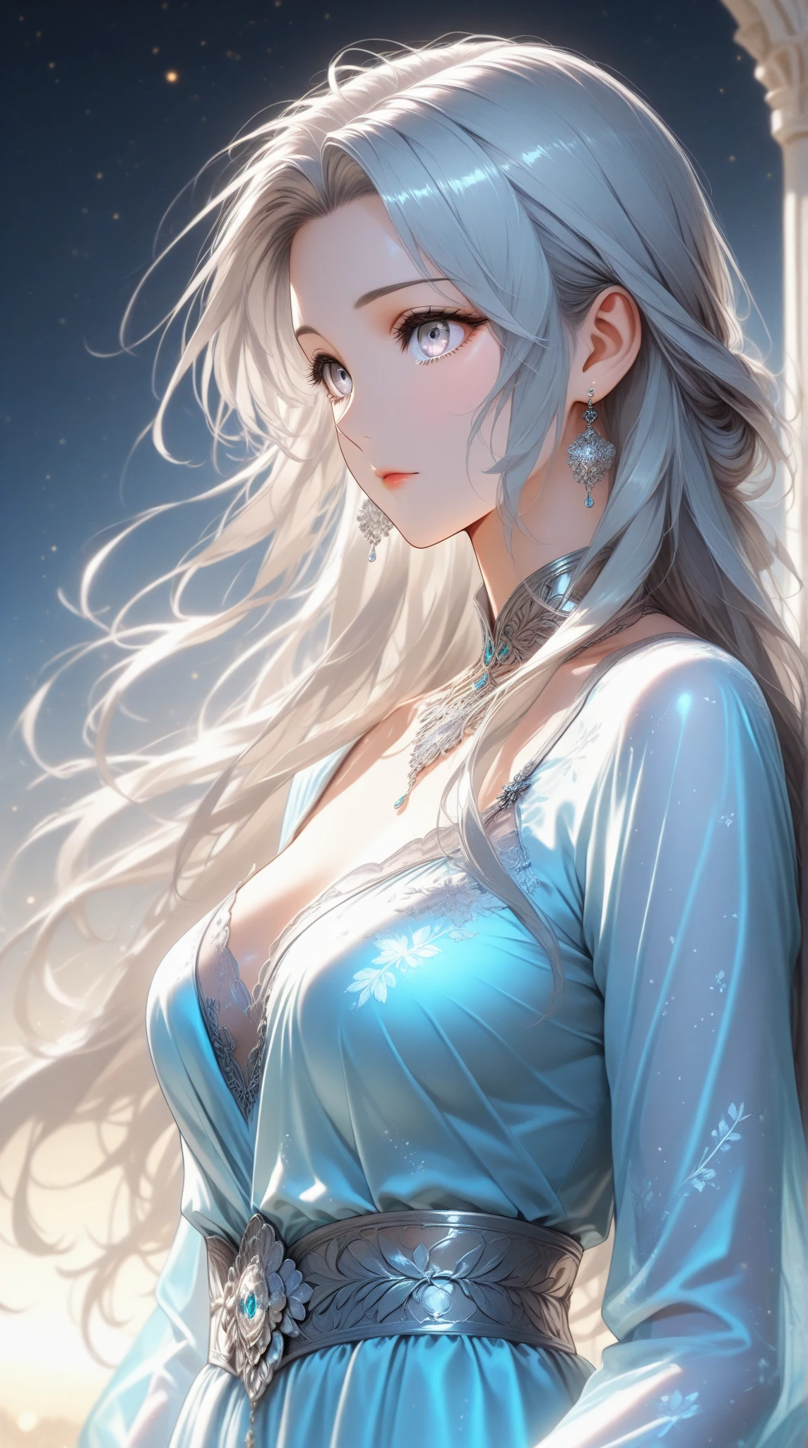 (Paradise in Heaven), White lighting,(muste piece), (best quality), (cinematic), 8K, (art station),(長いwhite hairとSilvery eyesを持つ1人の女), (beautiful delicate face)、[Frozen trees々], [landscape crystal], [lighting], [Ethereal Atmosphere:1.1], [fantasy, short story] ,[soft なlighting] 、(+cinematic shot:1.2)、 [+art station] 、[+luminous white background] 、 [soft glow] 、(Creative and dynamic angles:1.3), [+Crystal Toning] 、muste piece, very detailed, Super detailed, solo, (pale skin), Silvery eyes, white hair, (snow background), (snowflake rosen flower:1.0), (shining crystal), (Snowy ground), (White lashes), sexy woman、dreamy and detailed, Gorgeous setting, 妖しい雰囲気 muste piece, The most beautiful scenes, majestic、(((full of white flowers)))、quiet and serene atmosphere、attractive, all white tones,Inside the crystal library,Transparent flowers and falling snow，Many white roses are planted,(water flowing,waterfall,water bloom),The decoration is also carefully done.,dream（very detailedです，creative design，crisp and precise lines，K HD，best quality，master piece，超High resolution，In 4K）、Diverse poses、((beautiful white flower hair ornament))、beautiful hairstyle、(best quality, In 4K, 8K, High resolution, muste piece:1.2), Super detailed, detailed expression, graceful posture, expressive brush strokes, mysterious atmosphere, artistic interpretation,Delicate floral jewelry， (((Detailed design、beautiful transparent dress、Dresses with sheer skin)))、(SFW:1.5), (oversized breasts, best body proportions, proportions of large breasts,:1.5),