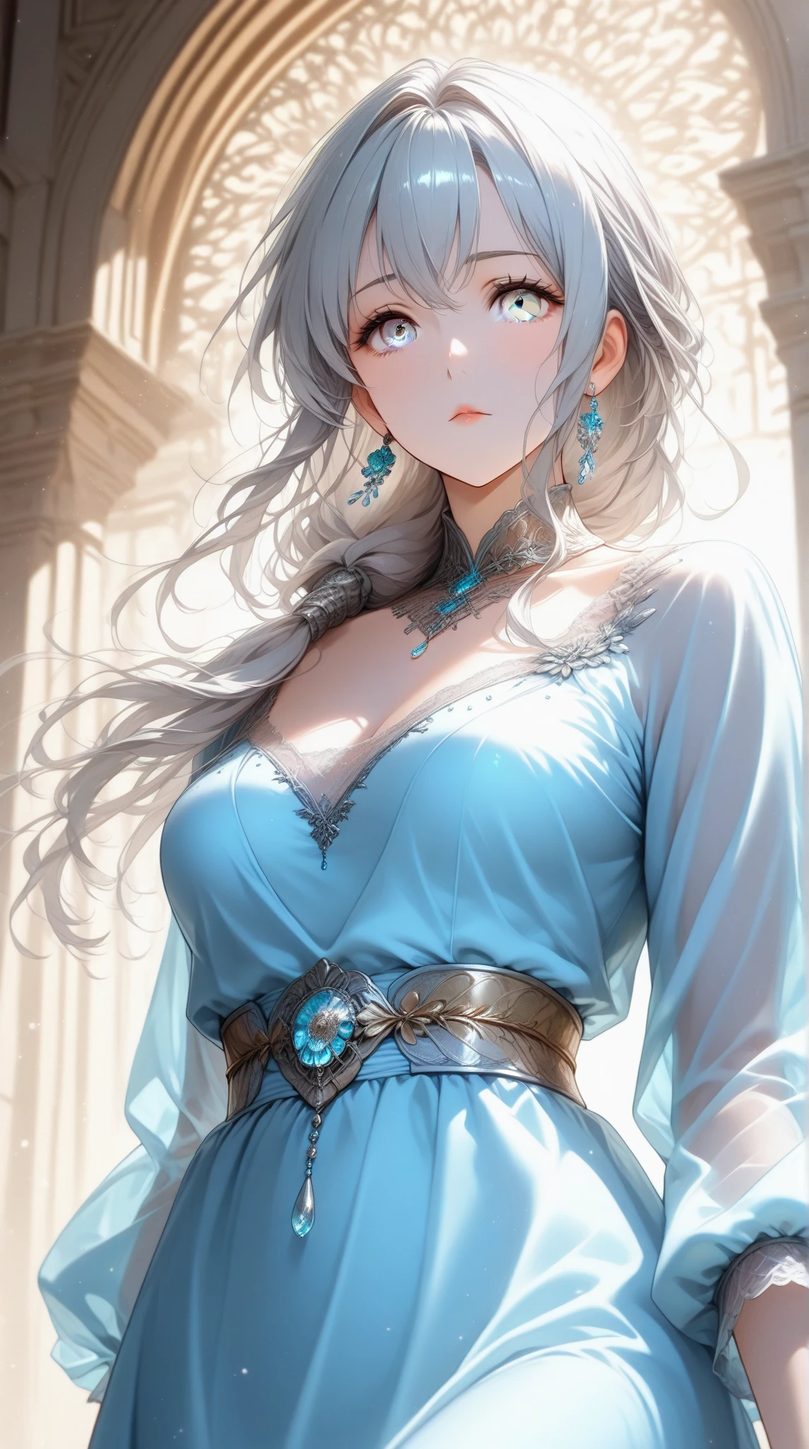 (masterpiece), (best quality), (ultra detailed),(disheveled hair),(illustration), (1girl), (Fashionable clothing), standing, Fashion model, looking at viewer, (interview), ( background),beautiful detailed eyes, delicate beautiful face, Floating,(high saturation),(colorful splashes),colorful bubble,(shining), focus on face,  ponytail, kamisato ayaka, silver hair, bangs, hair ring, floating flowers, floating hairs, (shining), best lighting, best shadow, ???? shoulders, cleavages:0.8