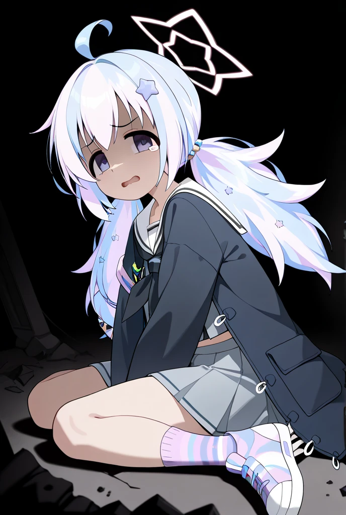 Highest Quality, high definition, Solo, one woman, character((Blue_Archive, (reisa-bagless:1.2))), Angel_halo, (Broken_halo), Blue_Archive, (Terror), (full_body), despair_face, Highlight_off, Ruined_City, Straight_face, Shadowy_face, dark_color_halo, wounded_body, (Cracked_halo), (Collapsed_halo), reisa \(blue archive\),dark purple eyes, multicolored hair,low twintails, halo,Broken star \(symbol\),black jacket,sailor collar,grey skirt, socks,sneakers, redarmy, tears, (halo_color dark),
