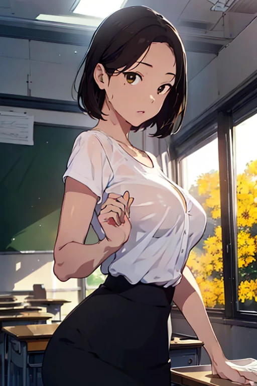 、(masterpiece、Highest quality)、Highest quality, Ultra-high resolution, (((masterpiece))), alone, Sweat、Big eyes, Composition from the front、Shortcuts、Embarrassed face、Blonde Hair、Cut your hair short、School classroom、Sailor suit、skirt、short hair、Browsing Caution、Upper body naked、Breasts exposed、Nipples、Large areola、Sitting in a chair without a backrest、Internal Medicine Examination、Woman showing her body、belly button、真Composition from the front、School Insurance Office、curtain、cubicle、window、door、Fluorescent lamp