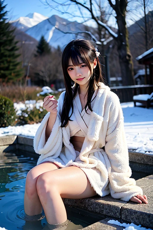 ((masterpiece, highest quality, Highest image quality, High resolution, photorealistic, Raw photo, 8K, female masturbation, hand on vagina, large thighs, sitting on wooden fence, entire body, feet)) ((squirking)) ((naked, no bra, no panties, barefoot, camera in the sky, photo from above, seen from above)) ((50 years old)) Mature japanese woman, (Rides aux coins des yeux:1.2) shaved pussy, perfect pussy lips, perfect hands, perfect face, very cute face, erotic, outside, in the mountains, snow, snowy, snowstorm, snowing, cute wool cap, arms above head, perfect legs, perfect feet, one leg on a fence, one leg up, bending her leg, open legs, showing pussy, open wool coat, charming, black stockings