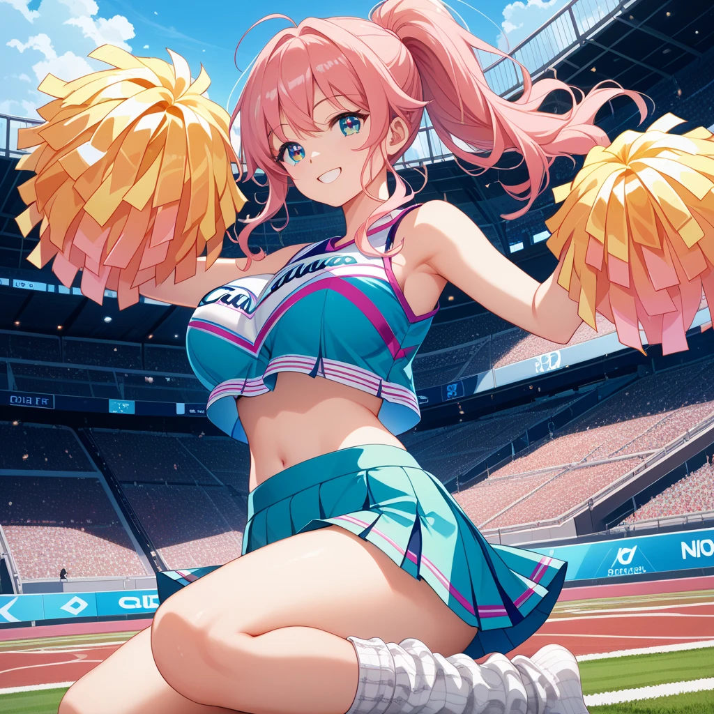 (best quality:1.2), masterpiece, high resolution, perfect lighting, lens flare, cheerleader, jump, long hair, ponytail, holding pom poms, burst into laughter, sleeveless, vivid, detailed eyes, bra, skirt, BREAK ((colorful confetti)), stadium, gorgeous, Glimmer, effect, sleep in bed