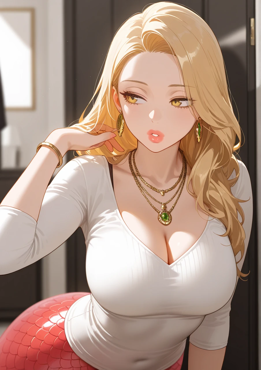a beautiful young hot milf mom with fat ugly old man, detailed eyes, beautiful blue eyes, detailed lips, long eyelashes, blush, necklace, chandelier earrings, cleavage, sagging breasts, sensual makeup, glossy lipstick, pants,(best quality,4k,8k,highres,masterpiece:1.2), tshirt,pants,blonde wavy hair