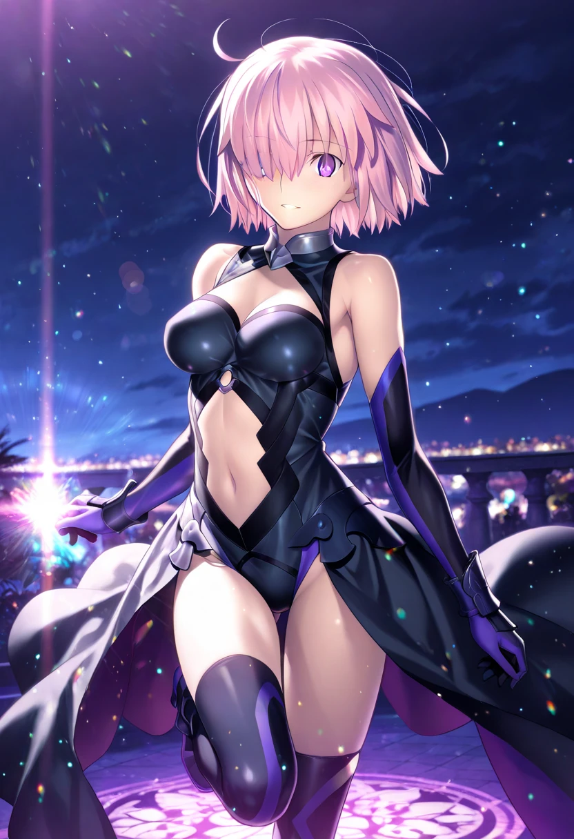 mash_kyrielight(fate_grandorder), 1girl, masterpiece、top-quality、Black Leotard、Purple eyes、Pure、{{downy}}、kindness、Unhappy、{seminude}、crotch、小柄、nigh sky、A desert、