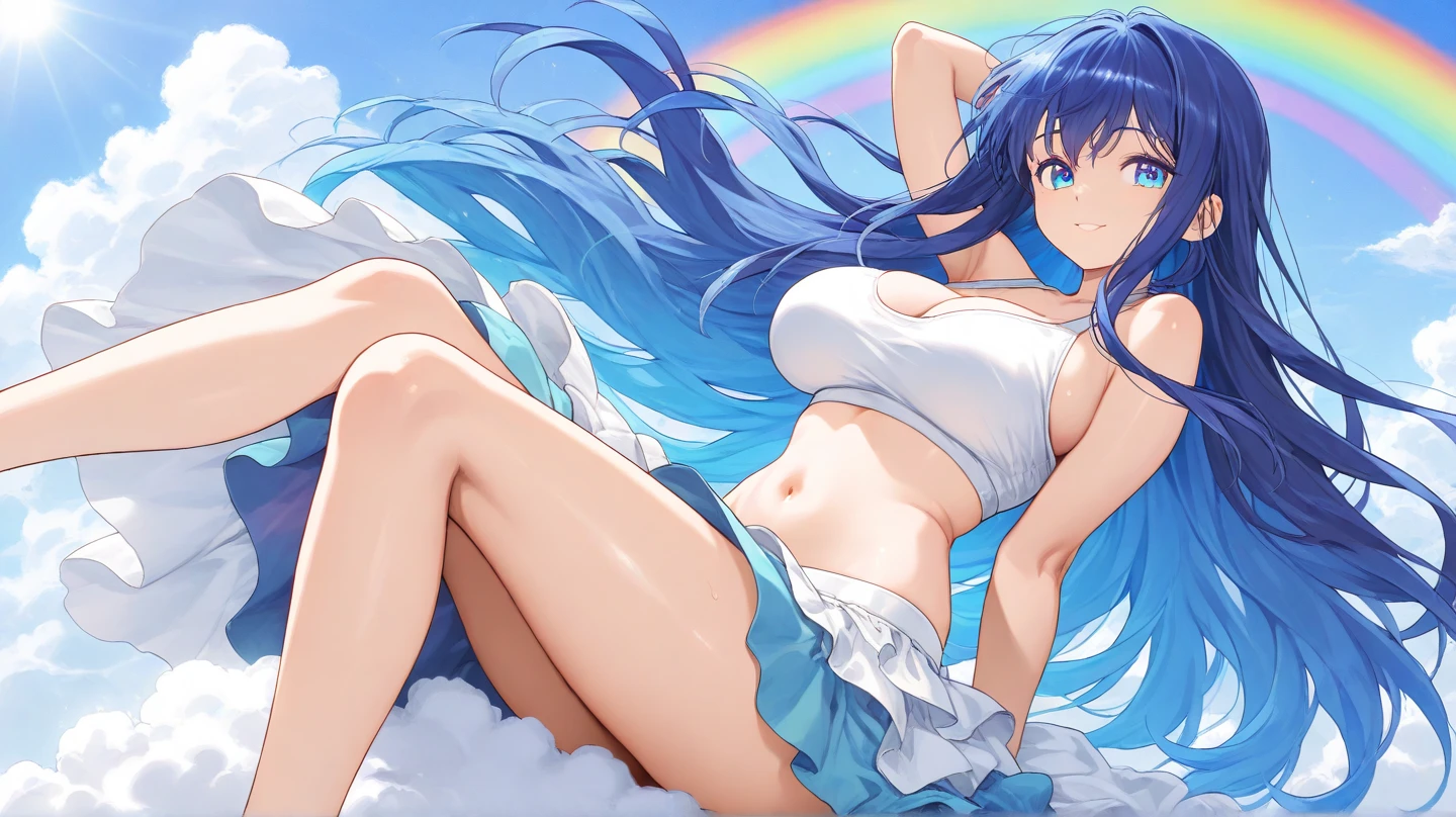A nice white shirt that lets you see. 、Light blue flared skirt with ruffles、She lifts her skirt with both hands to show off her pretty white underwear.、Cute white underwear visible when you lift your skirt.、sandy beach, beautiful sea, night and starry sky small breasts