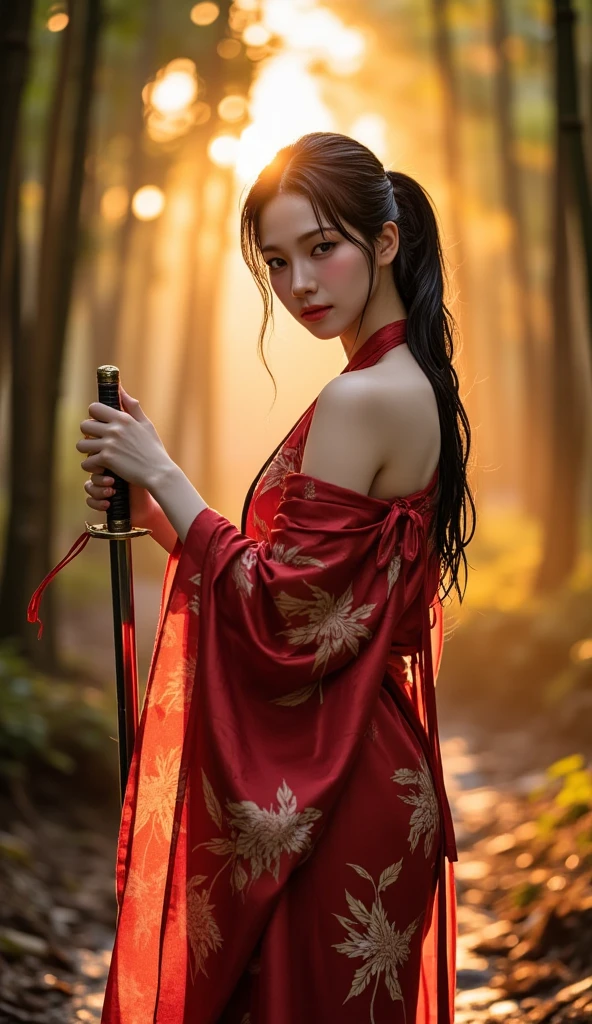 Beautuful Women、(top-quality、in 8K、32K、masterpiece、nffsw:1.3)、(Photorealsitic:1.4)、realisitic:1.2、Detailed skin、Elegant Pose Sun Glare、lensflare、Detailed shading by sunlight、depth of fields、blurry backround、(Dark Red Off-Shoulder Dress)、
kyoto、jpn、((autumn day))、Rows of autumn leaves、ear ornament、lady's、a necklace、(A sexy:1.2)、breastsout、