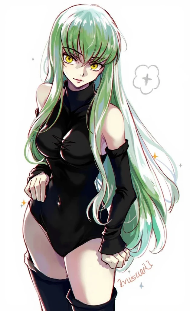 A girl with green hair and blue eyes, long hair, piercing in the tongue and two piercings in the ear in black clothes