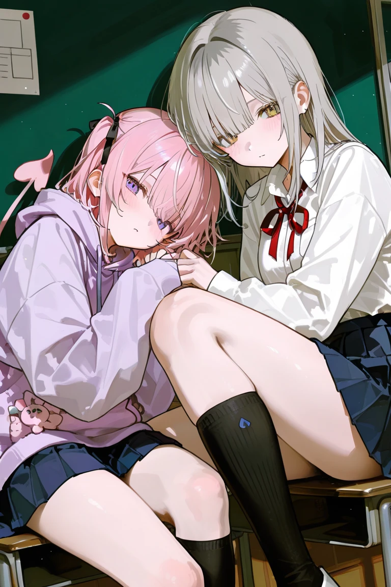 hoshino-default, hoshino \(blue archive\), heterochromia, long hair, pink hair, ahoge, halo, ,white shirt, plaid skirt, necktie, sneakers, id card,terasu mc, NSFW, One girl,2Men,2penis,Handjob,fellatio,cum,Sweat, vapor, witness, Browsing Caution, in hotel, bed, UHD, masterpiece, textured skin, high details, best quality, highres, anatomically correct,enraptured smile,Sensual eyes,flirty expression,8k, heart shaped, pupils.score_9, score_8_up, score_7_up, score_6_up, score_5_up, score_4_up, source anime
