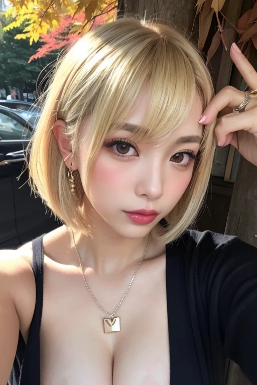 kawaii girl、golden bob cut hair、big yellow eyes、