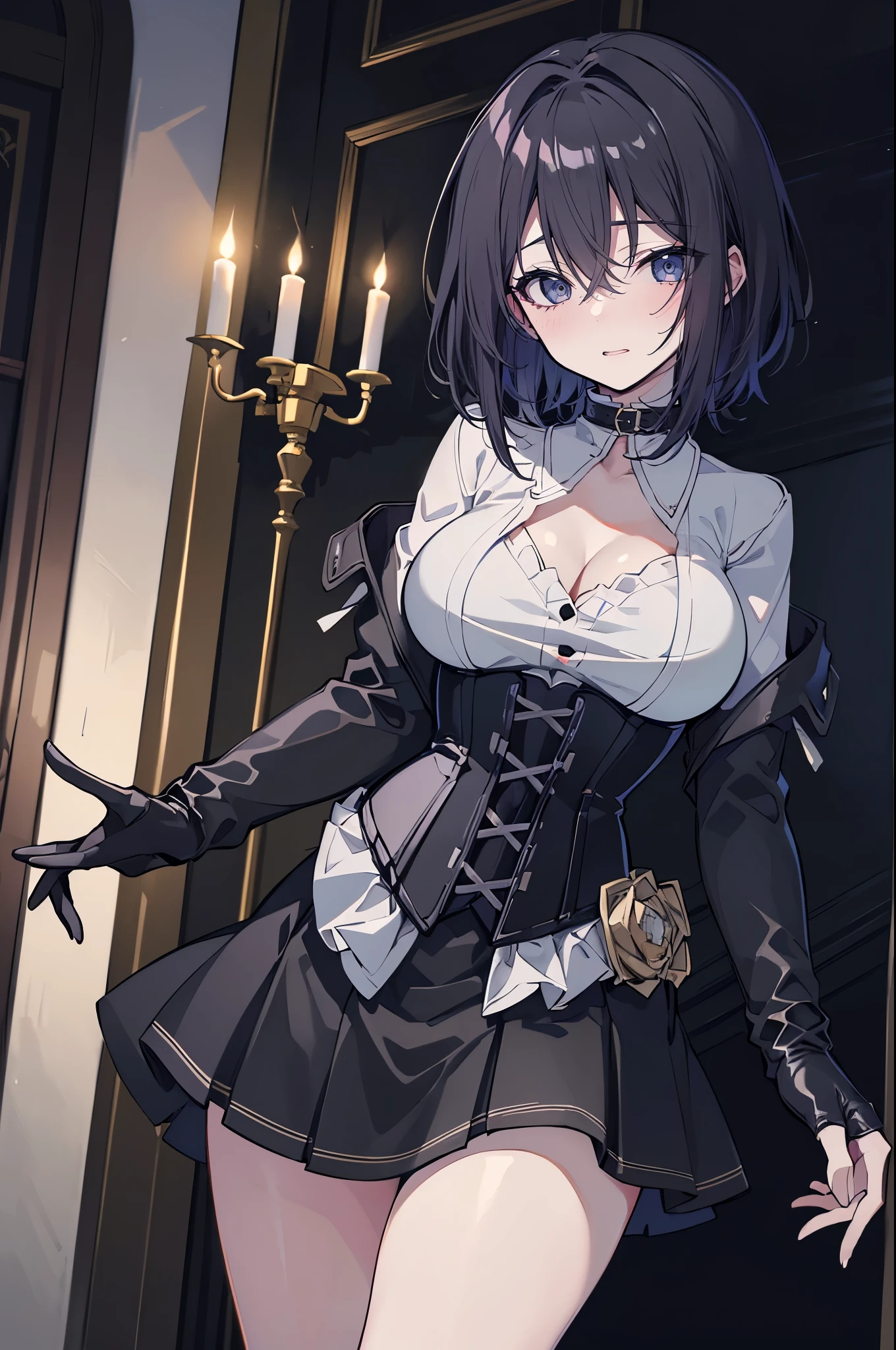 fine，HD，Aesthetic，extremely detailed 8k wallpaper，Top picture quality，(Practical:1.2)，Solo，Upper Body，(cygames:1.08)，A woman，Lipstick，Neat hair，(Black medieval dress:1.3) with leather long gloves，(Off-shoulder and off-neck:1.25)，(The clothes are wrapped with black strips of cloth:1.05)，(There are colorful glass fragments on the clothes:1.1)，Church interior background，Many bats and moths in the background，stained glass，Depth of Field，(dark feeling:1.15)