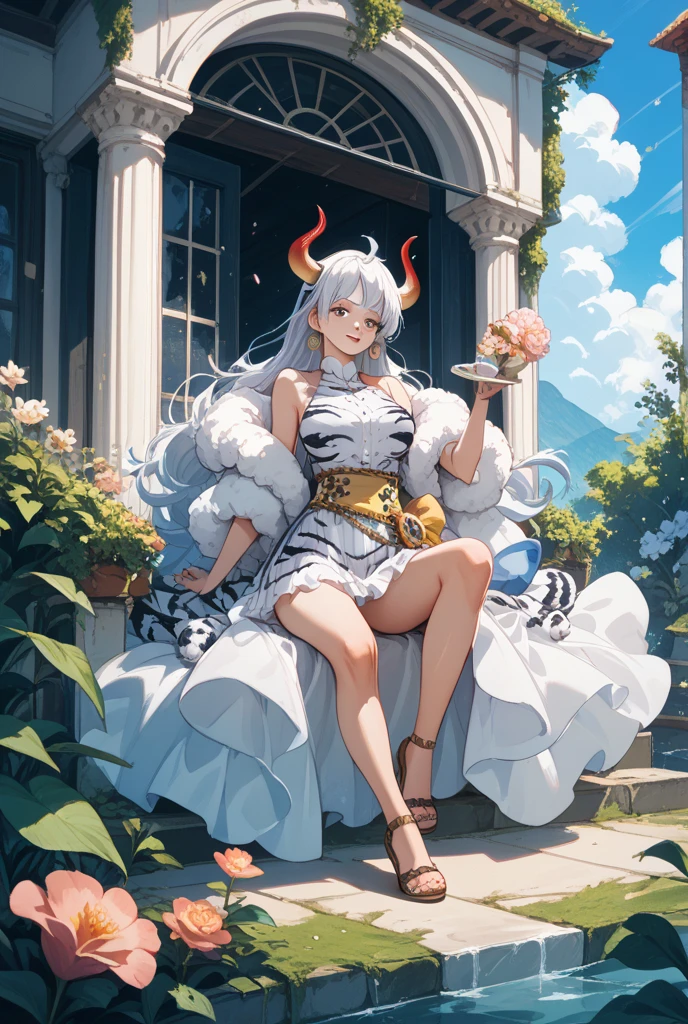 ((mature female, masterpiece, mistress, goddess)),((masterpiece: 1.2)),ultra-detailed, ultra high res, high quality, 4K, solo, 1girl,extreamly delicate and beautiful,illustration,masterpiece,(illustration),(highres),tail,fullbody,pink skin,hoop earrings,yellow choker,belt,sitting,crossed legs,long hair
