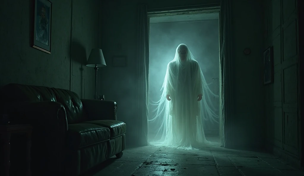 ghost of a behind the couch in a dark and scary house