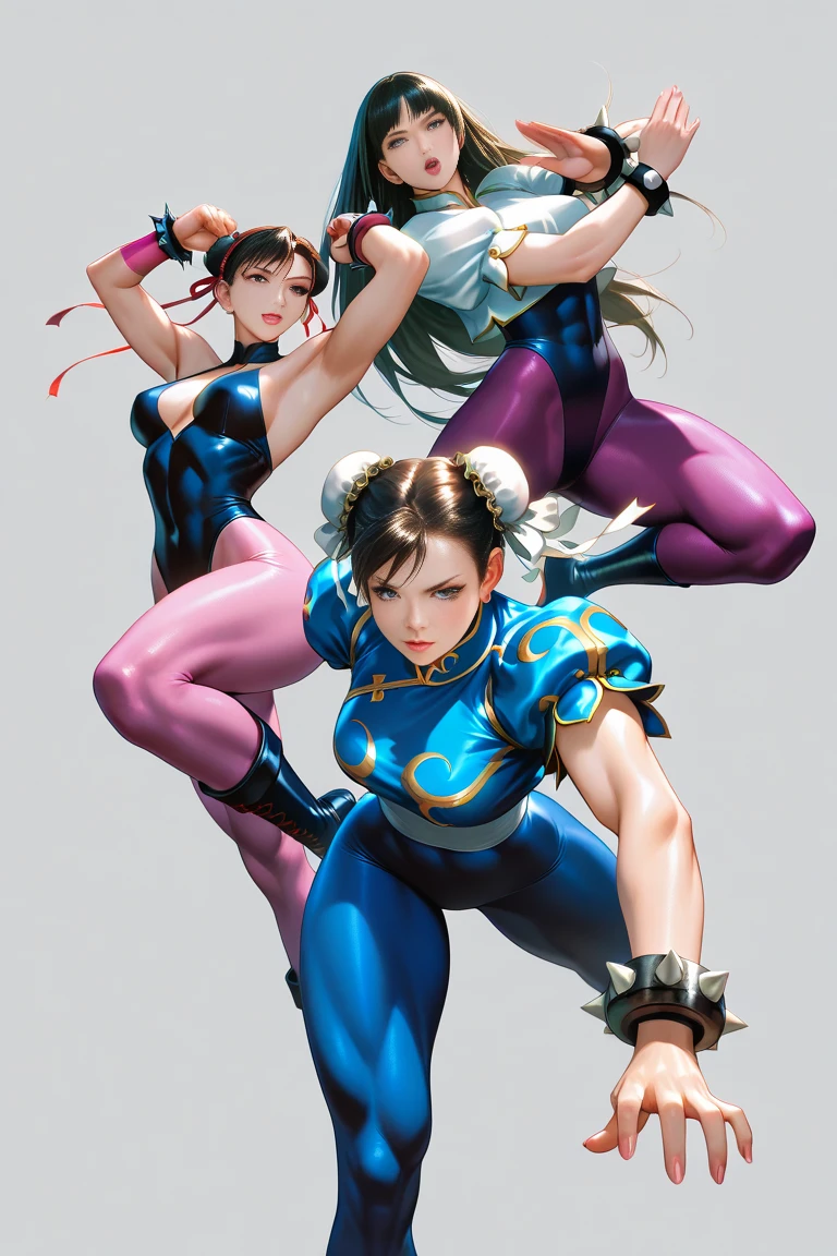 Full body image of Juri Han from Street Fighter 5, wearing her original outfit (black and purple bodysuit with spiked accents, barefoot with taped feet, and arm guards), short black hair styled in twin buns, female body, athletic and flexible body, dynamic pose, detailed pose, simple background, expressive face showing a mischievous grin, focus on face, line art, sketch
