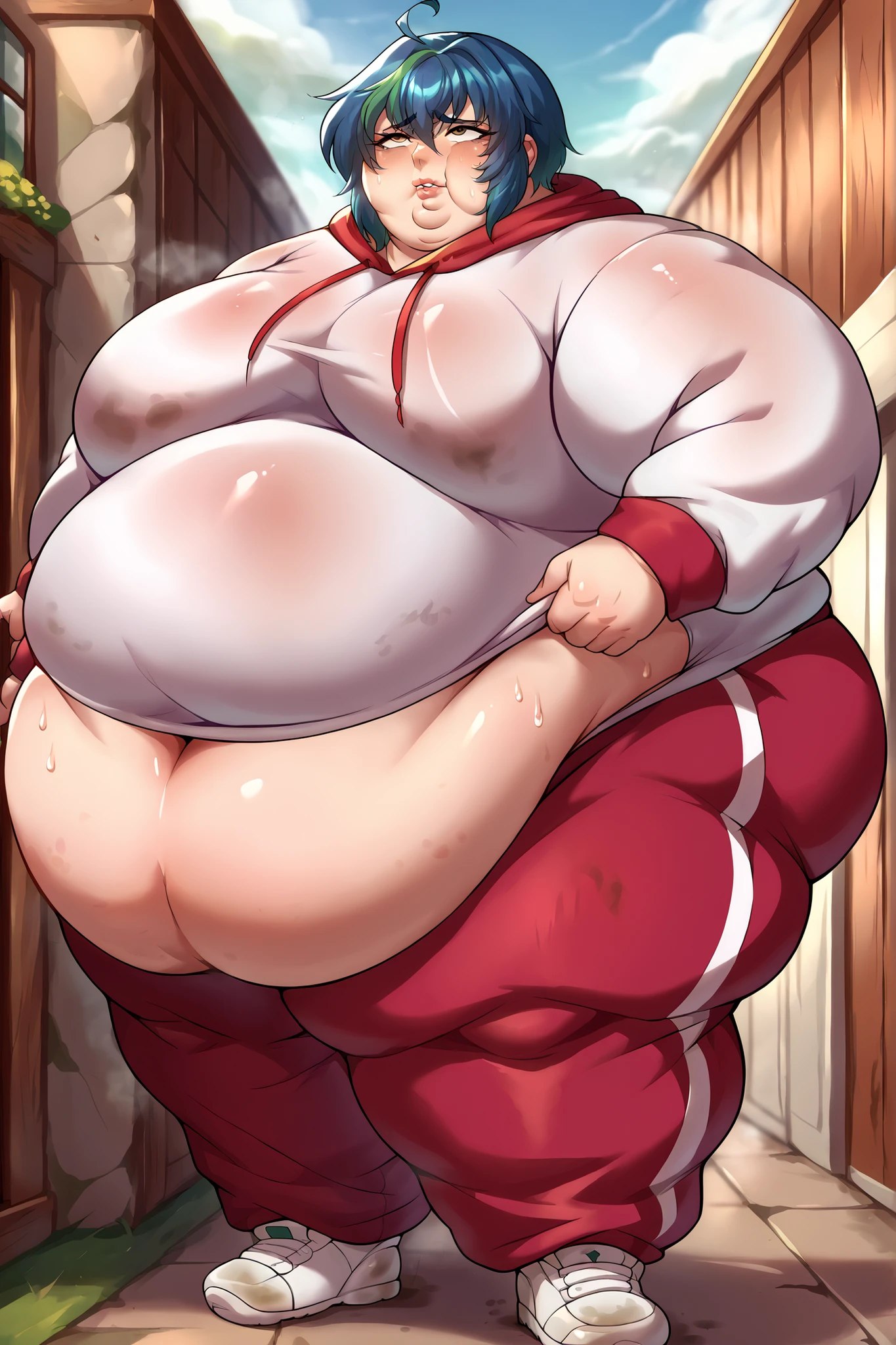 red shirt, croptop curvy, huge breasts, sagging , from below,extremely close up ,breast focus ,distressed jeans,,TIGHT shIRT