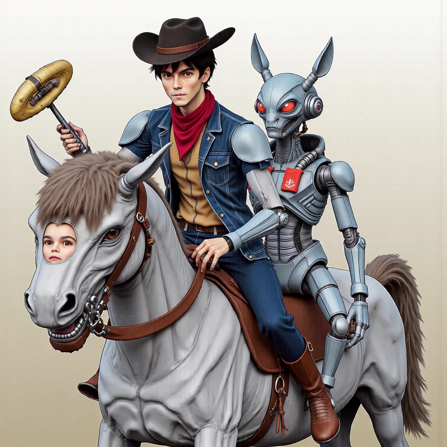 1 cowboy and 1 robot are riding on the back of 1 grey alien dressed in ...