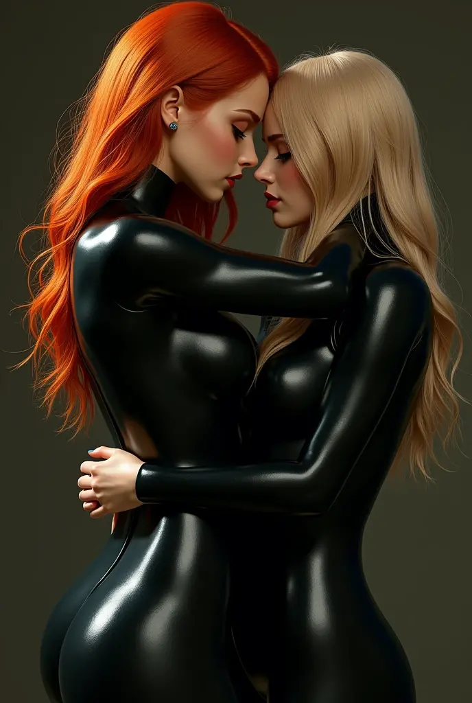 Fênix Negra (Sophie Turner, red hair) hugging Magik (Anya Taylor-Joy, blond with bangs) na sala de perigo dos X-Men, ecchi, side view