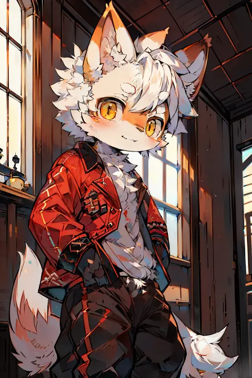 (ambiente dark:0.8),Masterpiece,High quality,abstract res,Digital painting\(artwork of a\), by Dagasi, Yupa,Kiyosan,(anthro,Fluffy fur,Character focus:1.1),anthro male cat,short detailed hair,Portrait , eyes with brightness, in a panoramic view, Character focus.(detailedbackground:0.7), 独奏, shaggy, shaggy male, malefocus, (Full Body Furry, Fluffy tail, White fur, Golden eyes, White hair:1.2), (long canines:1.2),(outside、the night、:1.1)inside in room