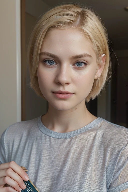 Woman with pale skin cute face freckles shoet blonde hair blue iris and small pinkish lips, has blonde hair,
