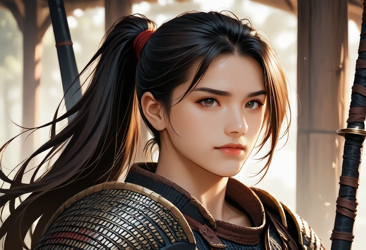 masuter piece, best qualtiy, (((realisitic, Photorealsitic:1.37))), ((独奏)), 8K image quality , extremely delicate and beautiful, splendid, Official art with attention to detail, Unbelievably ridiculous, huge filesize, ultra-detailliert, ighly detailed, (Pretty girl), (detailed girl), Eyes and faces with detailed, Beautiful detailed eyes, Light makeup, (1 girl), (Perfect female figure), slender, (Pretty girl in Japan), ((fullllbody)), ((poneyTail)), With bangs, ((Samurai Japan Woman)), ((Japan dark purple and red armor), (Detailed Japan armor), (20yr old), ((Samurai Japan Woman)), Wakizashi, (Detailed Japan armor), Shrines and temples