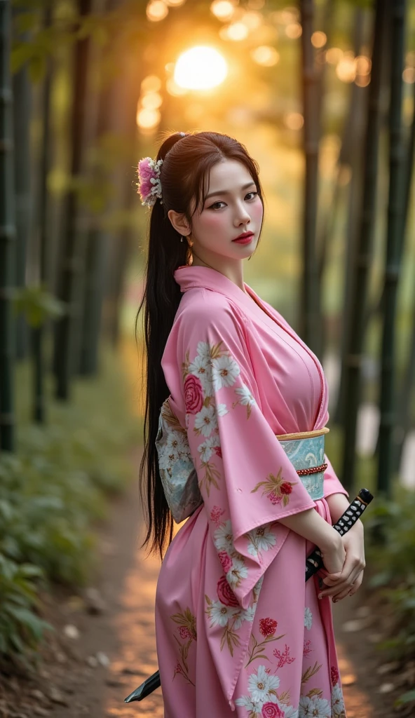 table top, highest quality, figure, super detailed, finely, High resolution, 8k wallpaper, 完璧なダイナミックな構figure, detailed and beautiful eyes, She wears a red kimono,medium hair,natural color lip, bold sexy pose,smile,Harajuku、Japan girls at 24 years old、cute、sexy shot looking at camera、perfect proportions、C cup、brown hair、cacique#39;face、Blurred green park background
