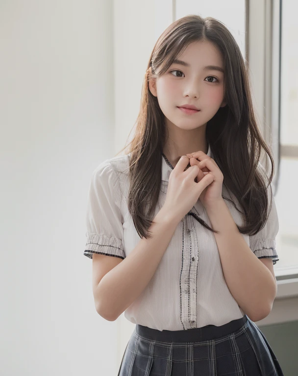 ((SFW: 1.4)), (girl)), Ultra-high resolution, (Realistic: 1.4), RAW Photos, Highest quality, (PhotoRealistic Stick), concentrated, Soft Light, ((15 years old)), ((Japanese)), (( (Young Face))), (surface), (Written boundary depth), masterpiece, (Realistic), woman, bangs, ((1 girl))、(((Model-like style、Thighs)))、Handbags))、((((Mr.々Fashion))))、(((Find someone you like and smile)))