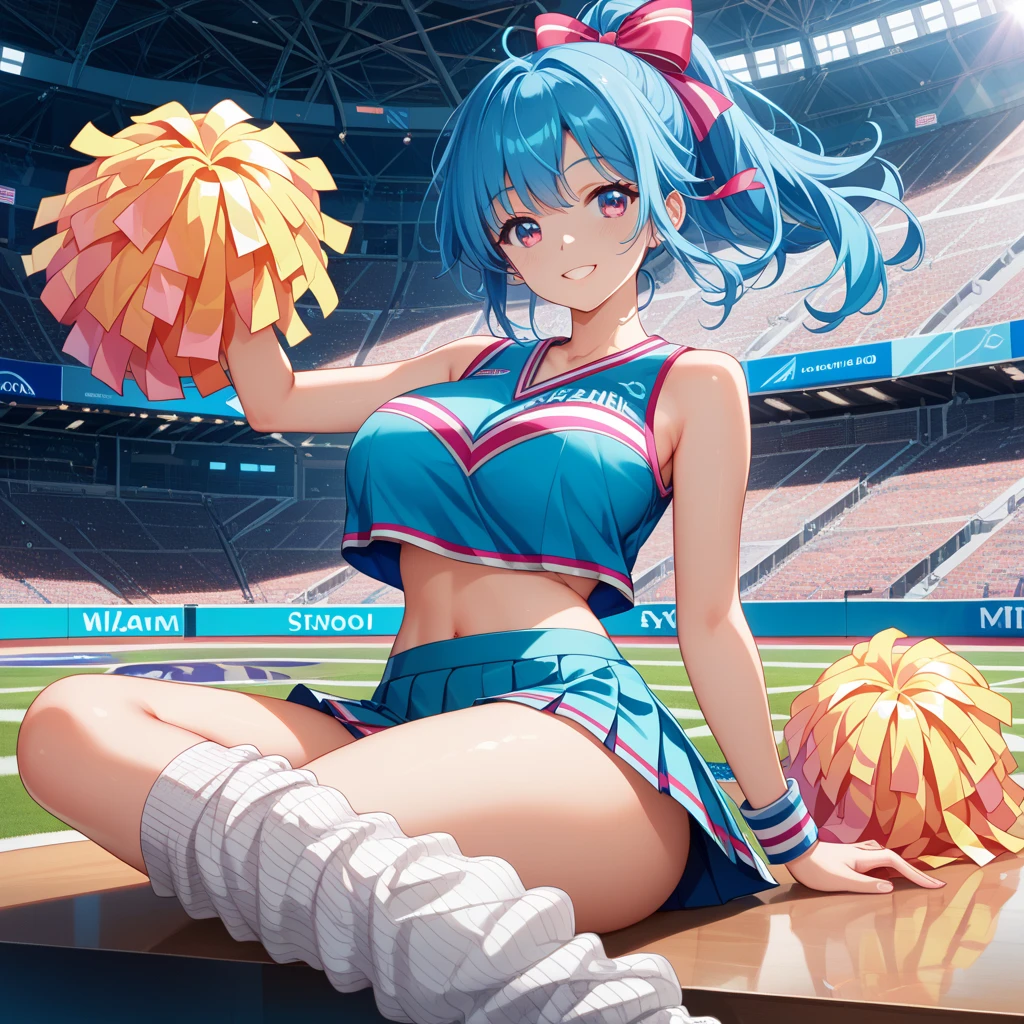 1lady solo, cheering, dancing, (dynamic posing), cheerleader (stylish outfit), mature female, /(crystal blue hair/) bangs, ribbon, blush brightly smile, open mouth, (teeth:0.8), (masterpiece best quality:1.2) delicate illustration ultra-detailed, large breasts BREAK (holding pom-pom) BREAK /(baseball stadium) grass, outdoors, audience