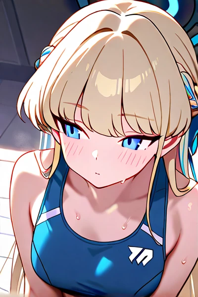 Kanna Ogata(Blue Archive),Blonde ponytail,Grey gap,Glaring at me,Wolf Ears,One eye is covered by hair,White competitive swimsuit,Large Breasts,Poolside Background,Square halo above head,Jagged teeth,