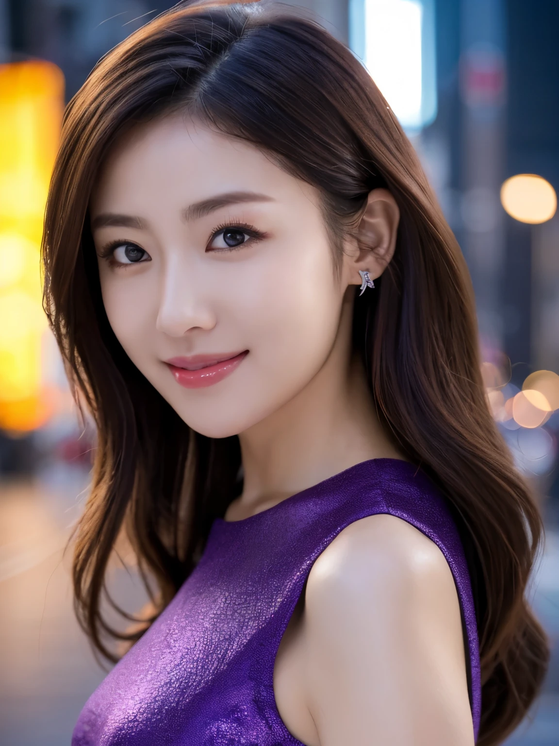 1girl in, (Wearing a purple blouse:1.2), (Raw photo, Best Quality), (Realistic, Photorealsitic:1.4), masterpiece, Extremely delicate and beautiful, Extremely detailed, 2k wallpaper, amazing, finely detail, the Extremely Detailed CG Unity 8K Wallpapers, Ultra-detailed, hight resolution, Soft light, Beautiful detailed girl, extremely detailed eye and face, beautiful detailed nose, Beautiful detailed eyes, Cinematic lighting, city light at night, Perfect Anatomy, Slender body, Smiling, Random body orientation,