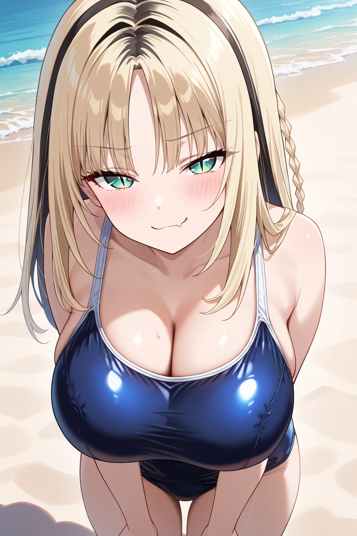 Perfect composition,masterpiece, (Highest quality), woman, bionde, Hair length, Side Ponytail, Purple eyes,sweater, skirt,Huge Cleavage,sexy woman, Embarrassing,blush, Bright colors,,Natural soft light,RTTX 10.0, (Detailed face:1.2), Showcase, (Perfect Eyes:1.1) ,(Photorealistic:1.1), 8k Ultra HD, Look at the viewers, Seaside, Simple Background,(Cleavage:1.4),Tremendously large bust,Huge bust,(throw,Close-up shot:1.2),From the top of the head to the waist,