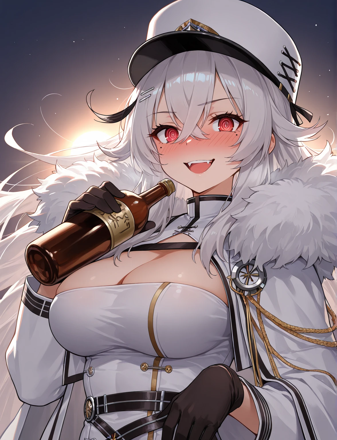 Fox Girl,Short white hair Cat bell with hair ,Cat bell around the neck ,Cat bells around,Red eyes, dilated pupils,Open shoulders,Slightly visible breasts, Hold a glass of milk.
