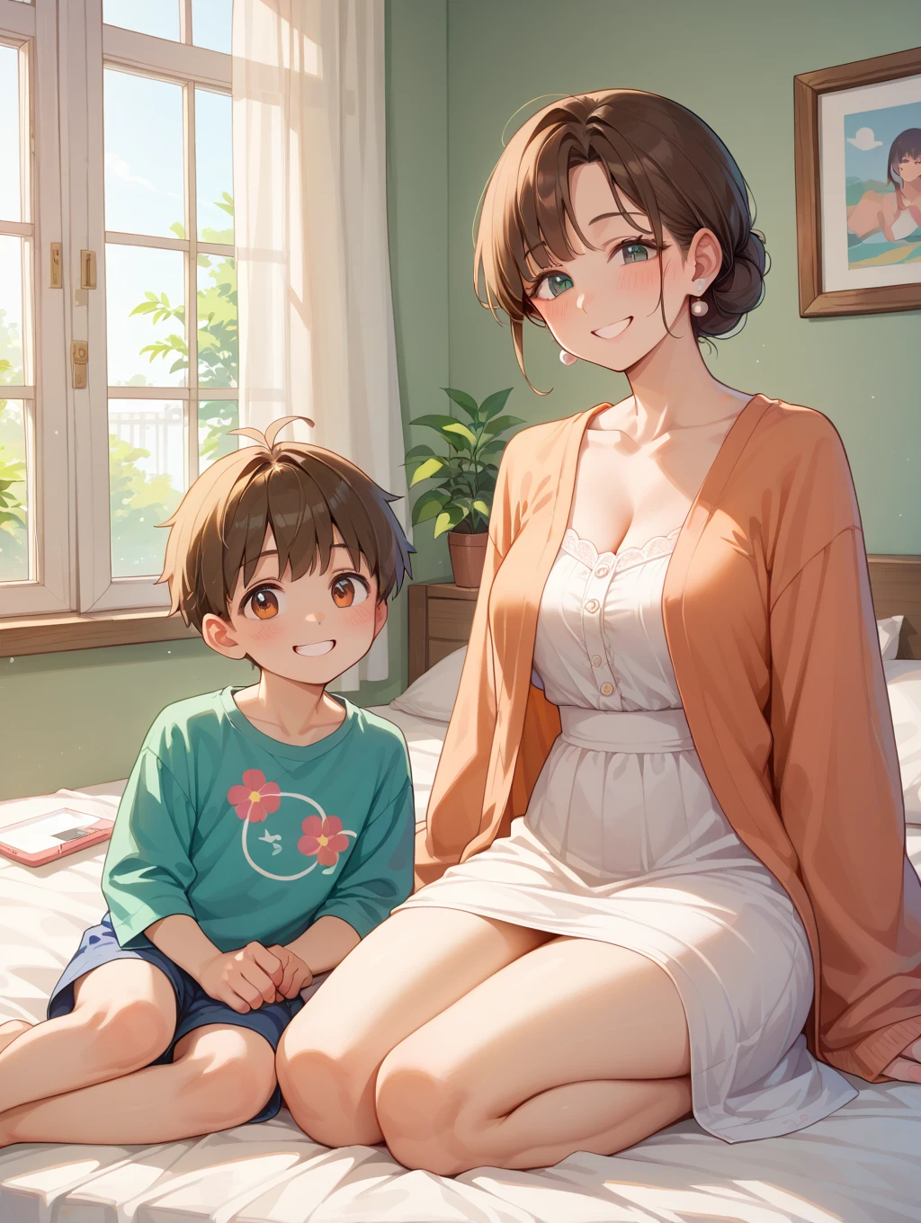 score_9, score_8_highly, score_7_highly, source_Anime-Series, 1 tire_feminine, Brown hair, brown eyes, low ponytail, big boobs, smile, 1 boy, shota, Hug from behind, living room