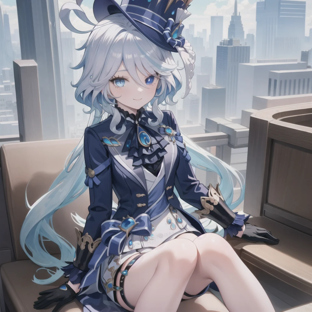 GTS girl sitting on the city，Large target，Forrina,Long hair,hair covering one eye,((Gradient hair)),Colored eyes, Gradient eyes, (Glowing eyes:1.5), mascara, (Fashion Makeup), Open it,blush,Hat Flower,helpless，Overlooking