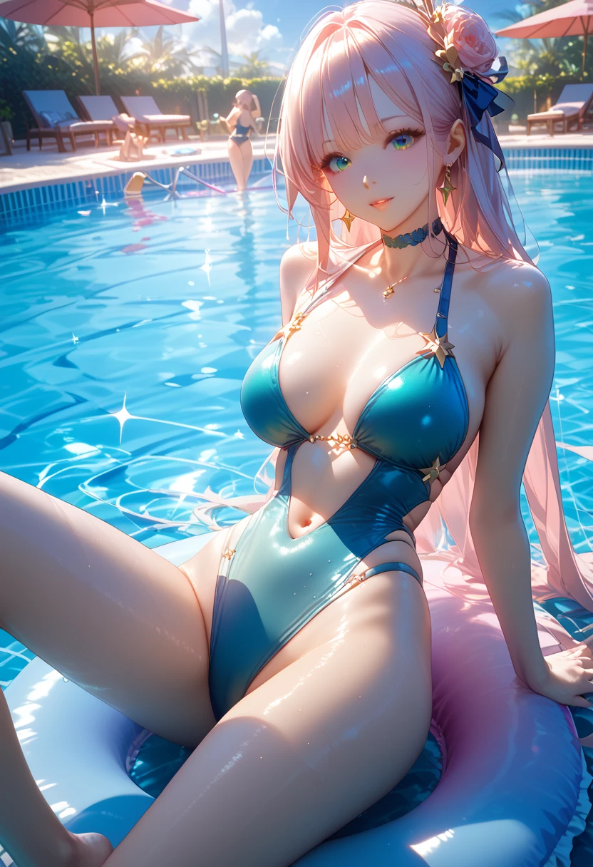 a girl, super long pink hair, fox ears, navy blue swimsuit, camel's paw, turquoise blue eyes, with a golden bracelet, a pink jewel necklace, em uma praia, high resolution, super detaill, 8k, Overview