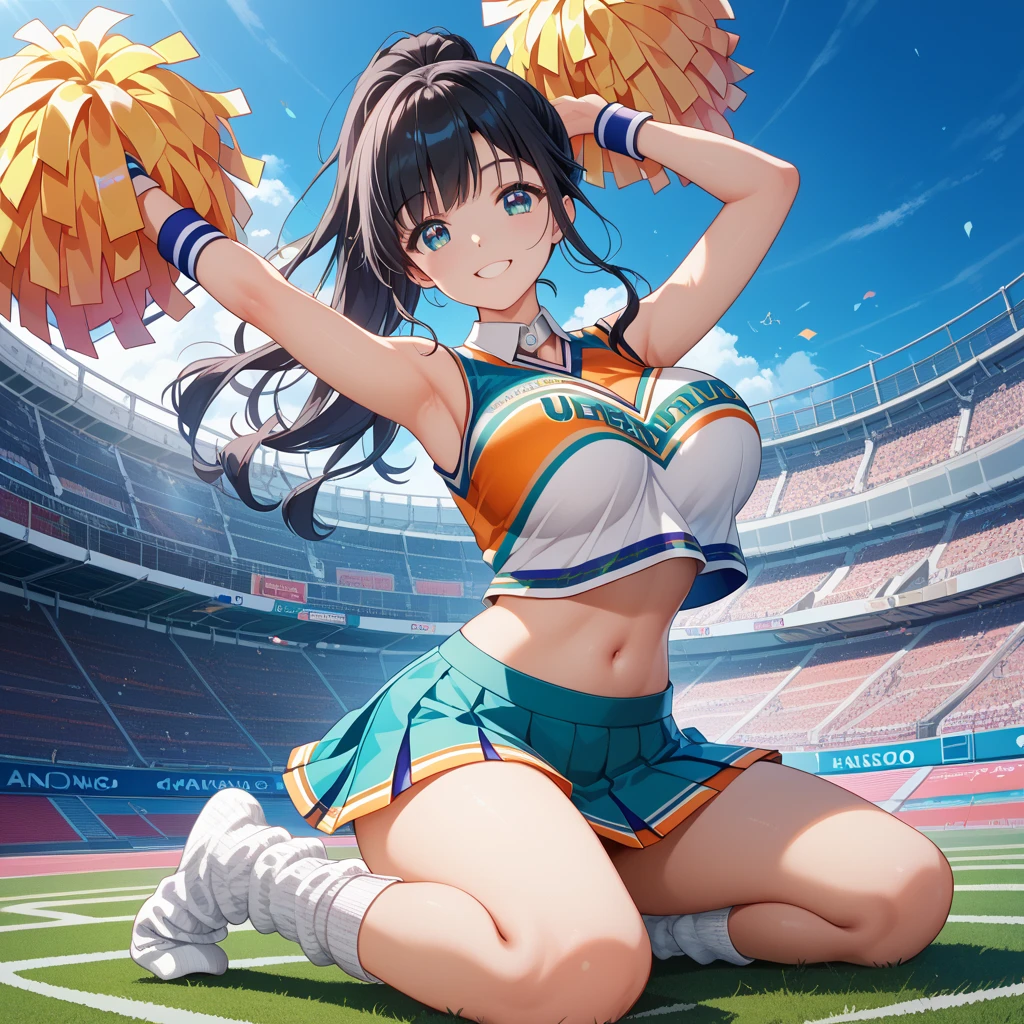 ((masterpiece, Highest quality, High resolution, 超High resolution, Pixel perfect, Written boundary depth, 4K, RTTX 10.0, High resolution))), 1 girl, single, alone, Beautiful Anime Girls, Beautiful art style, Anime characters, ((Shortcuts, bangs, Dark brown hair)), ((Green Eyes:1.4, Round eyes, Beautiful eyelashes, current eyes)), ((Smooth texture:0.75, Anime CG style)), Medium chest, ((Dynamic Angle, close)), Perfect body, (pretty girl), 1girl, solo, Baseball stadium setting with a lively atmosphere. A single cheerleader in a vibrant, colorful uniform stands near the stands, cheering energetically. She holds pom-poms and is mid-dance, with a big smile on her face. The background shows excited fans in the stands, some waving flags and wearing team colors. The field and some players warming up can be seen in the distance. The scene is sunny and bright, capturing the lively energy of a game day.