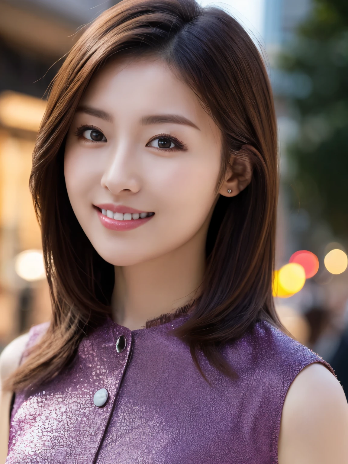highest quality, waist shot, masterpiece, dark eyebrows, ultra high resolution, realistic, very detailed, professional lighting smile, eagle nose, Medium wave hair, 25 years old, translucent violet short-sleeved silk, background for urban city street,